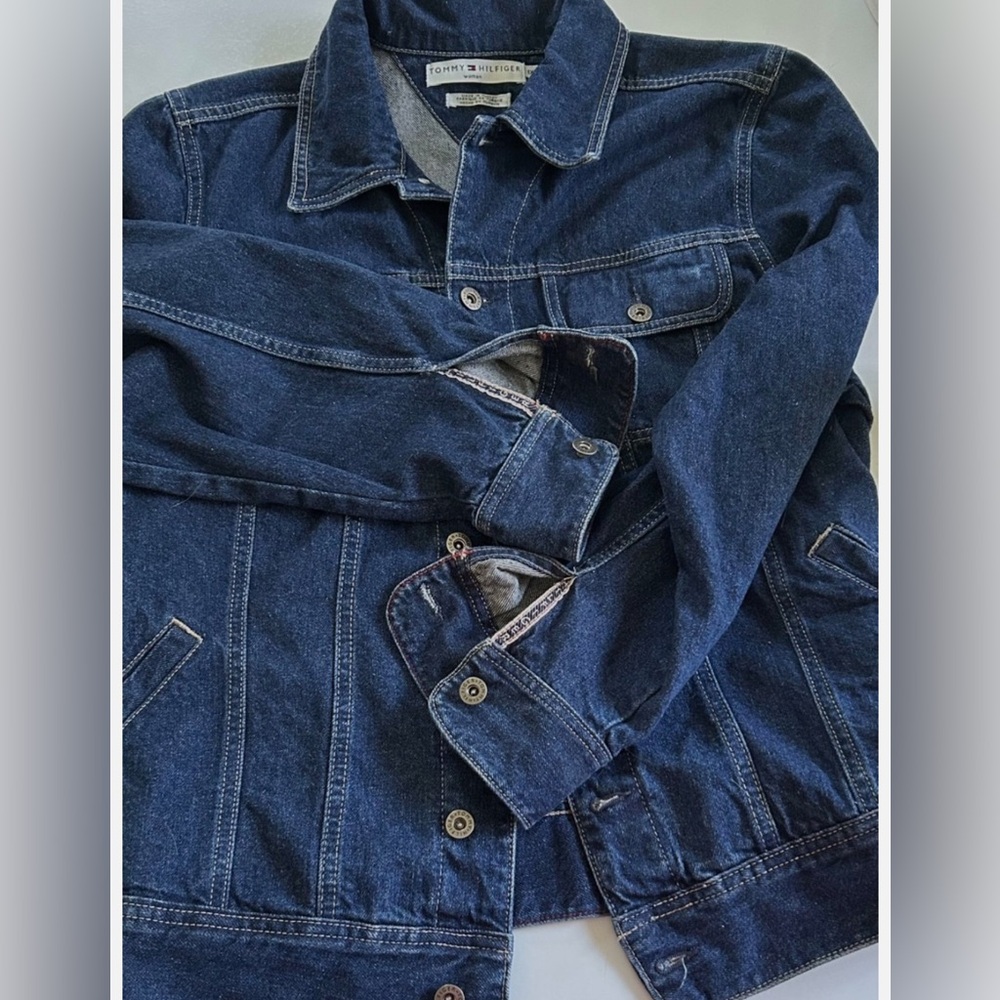 Vintage TOMMY HILFIGER Womens Jacket 1X LOGO TAPE CUFFS Dark Wash Cotton 2003 XL